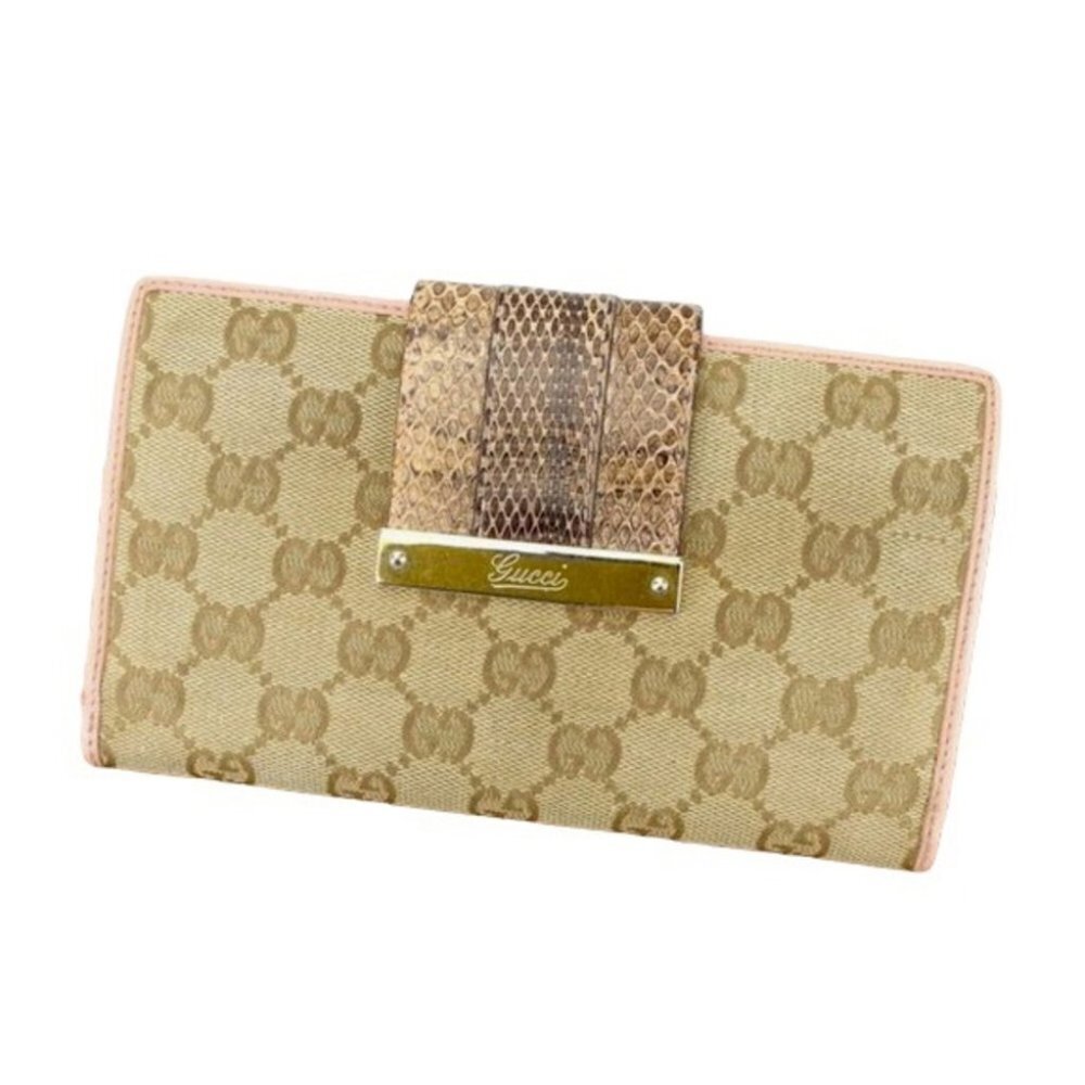 Gucci GG Tan Canvas Python Strap and Pink Trim Continental Wallet / Purse wallet